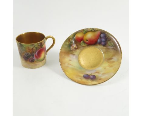 A Royal Worcester coffee can and saucer, hand painted with fruit to a mossy background by Stanley and Jekell, dated 1926 Cond