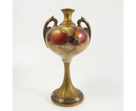 A Royal Worcester vase, the front decorated with fruit to a mossy background by Ricketts, with gilt neck and pair of gilt han