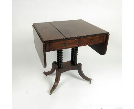 A late Georgian mahogany Pembroke table, with satinwood cross banding to top with two drawers flanked by two dummy drawers ra