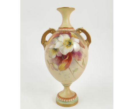 A Royal Worcester blush ivory pedestal vase, decorated with flowers, shape number 2304, dated 1903, height 9ins Condition rep