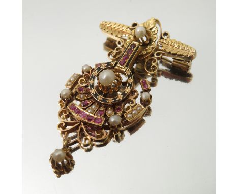 A 19th century continental ruby and pearl articulated brooch, the leaf motif brooch fitting carrying a circular drop with pea