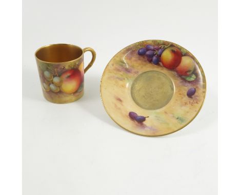 A Royal Worcester coffee can and saucer, hand painted with fruit to a mossy background by Townsend and Hale, dated 1926 Condi