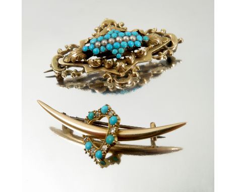 A Victorian turquoise and split pearl brooch, unmarked, 5.3cm long together with a brooch stamped '15ct' of a heart, alternat