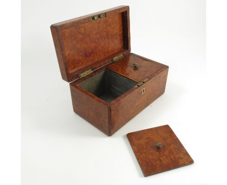 A 19th century burr wood tea caddy, of rectangular form, the interior fitted with two covered compartments, width 8ins