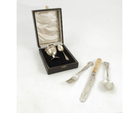 A silver three piece christening set, comprising knife, fork and spoon, Sheffield 1909, weight of fork and spoon 2oz, togethe