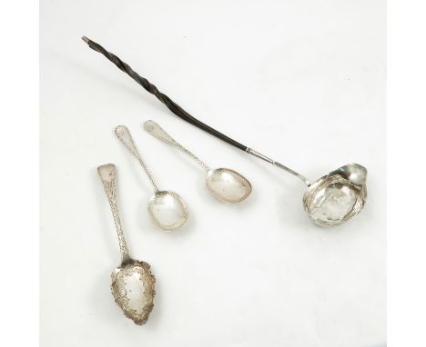 A pair of silver spoons, engraved with initials, Sheffield 1897, weight 2oz, together with a pair of silver sugar tongs, with