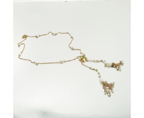 A peridot and freshwater pearl negligee necklace, the round cut stone with pearls to the compass points, chain drops beneath 
