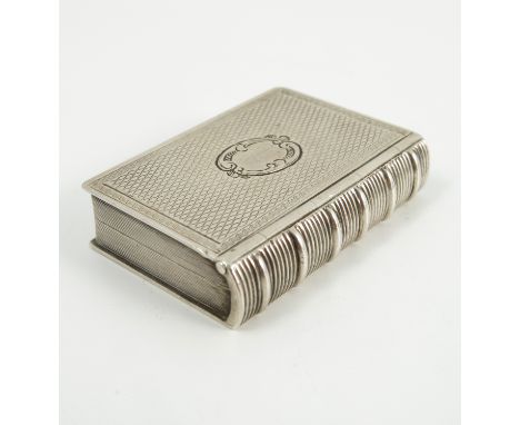 A Victorian silver vinaigrette, formed as a book, with engine tuned decoration to the case and engraved pierced grill, Birmin
