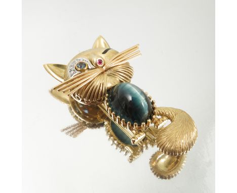 A 1960's gem set cat brooch, unmarked, with stained crocidolite cabochon body, five simple cut diamonds to the eyebrow, sapph