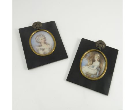 Two 19th century oval portrait miniatures on ivory, of Miss Benny and Countess of Ilchester, both in black rectangular papier