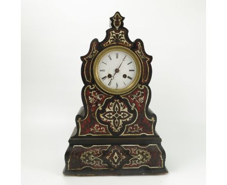 A 19th century French mantel clock, the shaped lacquered case decorated with a boule inlay, with white enamel dial, af, heigh