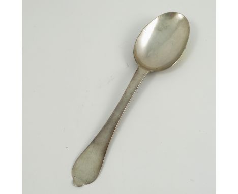 An 18th century Channel Island trefid end spoon, engraved with initials, with rat tail to the bowl, makers mark rubbed