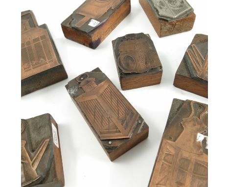 Eight copper printing blocks, from The Smith Newhall Lamp Works Birmingham 1890's-1920's, depicting different style of lamps 