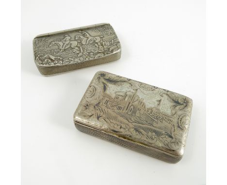 A Russian niello silver snuff box, the lid and base decorated with buildings to a scroll frame, with cross hatching to the si