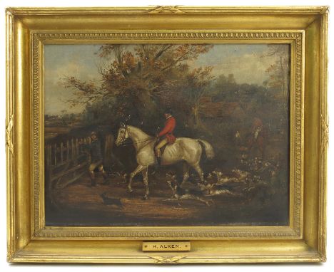 An English School, oil on canvas, Huntsman on grey horse with hounds being let through a gate, with plaque to frame H Alken, 