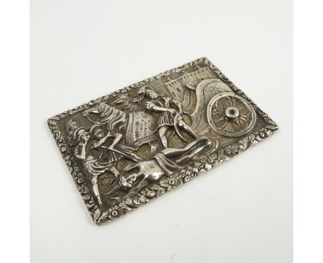 A Georgian silver snuff box lid, heavily embossed with a Classical scene with a horse pulling a chariot, warriors and a man l