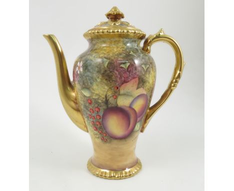A Royal Worcester coffee pot, decorated all around with fruit to a mossy background by S Roberts, height 8ins Condition repor