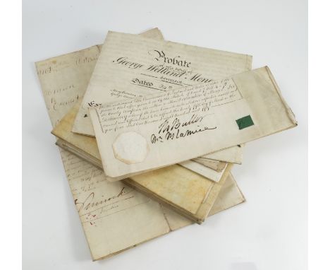 A file containing various 18th and 19th century indentures and other documents, including an indenture related to the exchang