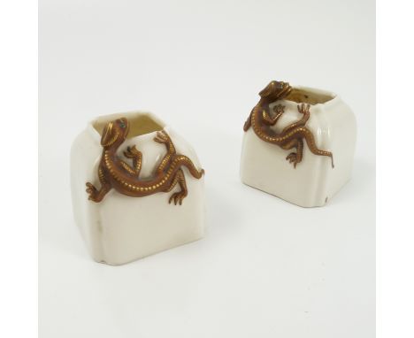 A pair of Royal Worcester vases, of square form, applied with gilt lizards to the white ground, dated 1877, height 2.25ins Co
