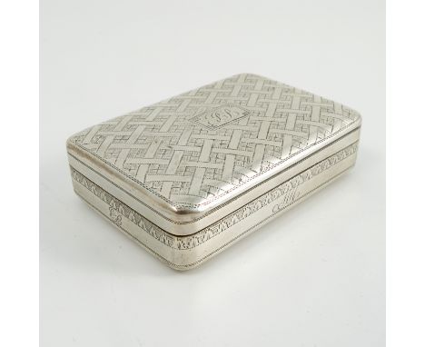 A Georgian silver snuff box, of rectangular form, with engraved woven design and initials, the interior being gilt wash, Birm