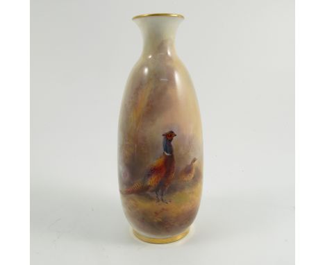 A Royal Worcester vase, hand painted to the front with a cock and hen pheasant in landscape by Jas Stinton with small vignett