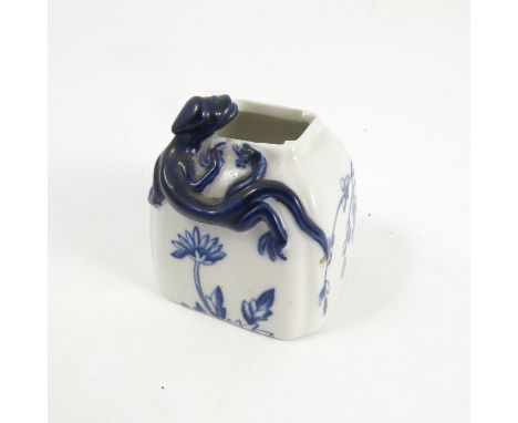 A 19th century Royal Worcester vase, of square form, moulded with a blue lizard and printed in blue with a flowering branch, 