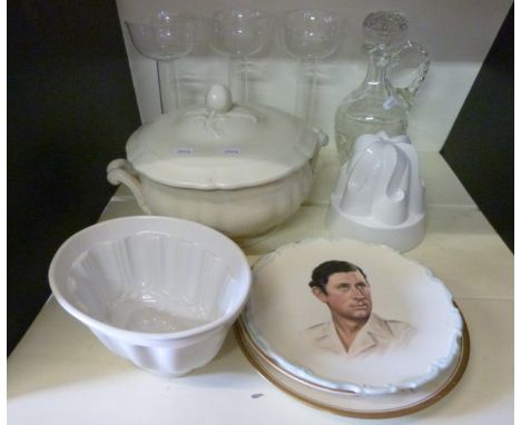 A group of ceramics and glass including TG Green jelly mould, Spode and Royal Albert collector's plates, crystal claret jug e