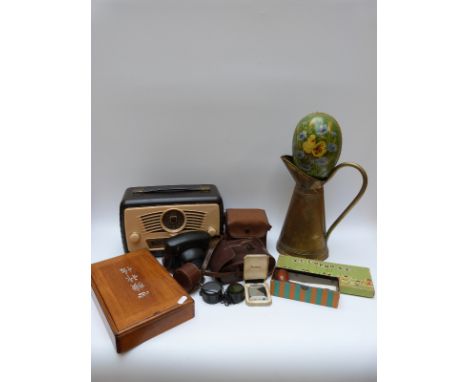 Vintage / retro Ultra radio, Mah Jong set, three cameras, papier mache egg, brass jug, xylophone, boxed Kiko pipe, cased Rons