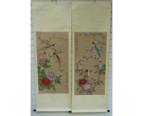 Two Chinese scroll pictures depicting birds & figures with seal mark and Chinese characters 