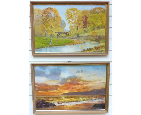 G Dolman pair of acrylics, a landscape and a seascape both signed, and dated 1974, 40 x 60cm