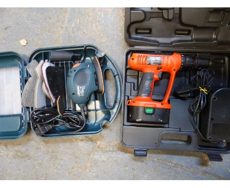 A Black & Decker sander and cordless drill  