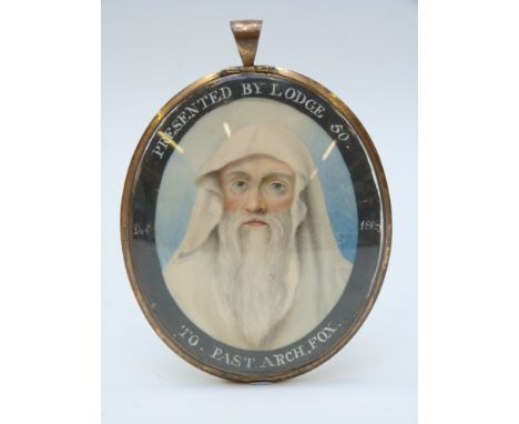 A 19thC Druid interest double sided portrait miniature on ivory, one side with portrait of a man in white headdress and marke