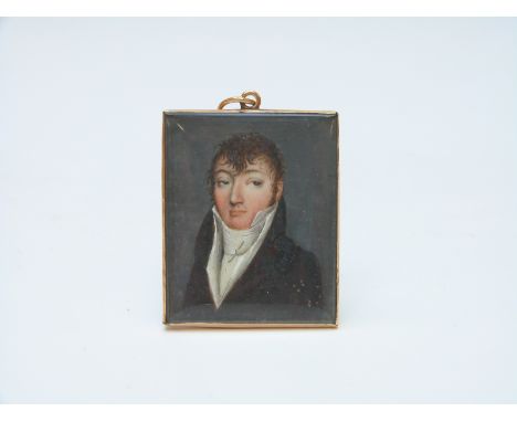A small French portrait miniature of a gentleman in yellow metal frame, 4 x 3cm