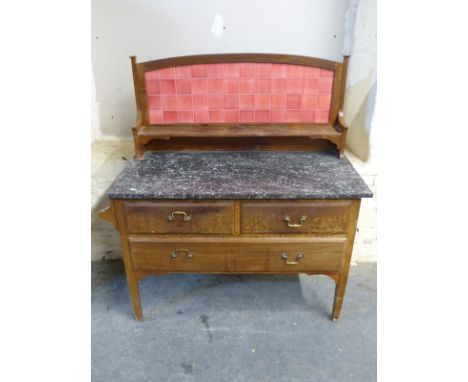 A marble topped tile back washstand, W107 x D51 x H120cm 