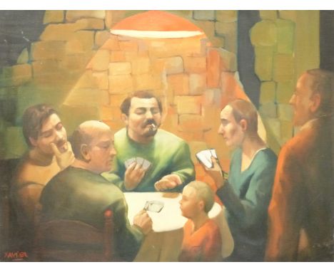 Xavier oil on canvas of men playing cards, signed lower left, 50cm x 65cm