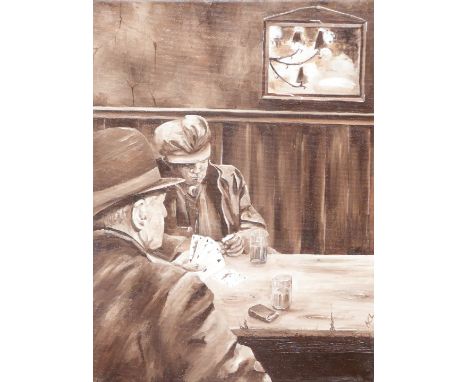 In the manner of Norman Cornish oil on canvas of two men playing cards in a pub, monogrammed ACL lower right, 40cm x 30cm