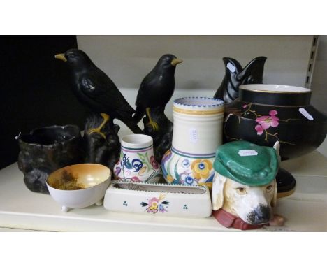 A collection of ceramics including Poole pottery vases, retro blackbird jardinieres, lidded dog tobacco jar, Monmouth Pottery