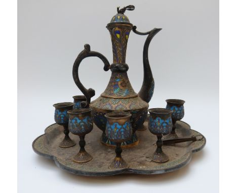 A Chinese silver tray, ewer and pedestal cups all decorated with enamel / cloisonné  the ewer decorated with peacocks with a 