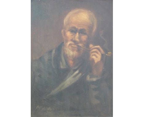 Oil on canvas of man with pipe, initialled MAN lower left, 58cm x 42cm