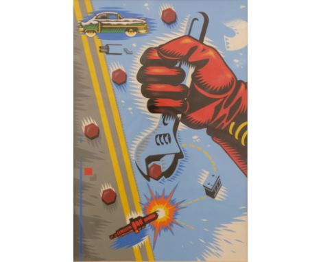 Original watercolour / gouache pop art abstract of a fist holding an adjustable spanner / wrench, 50 x 34cm 