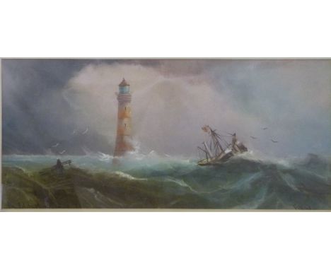 B Ward pastel seascape 'The Eddystone in a Gale', signed and titled to lower edge, 29cm x 57cm