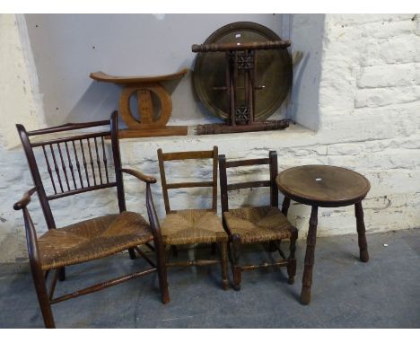 Three various chairs, folding brass topped table and a milking stool