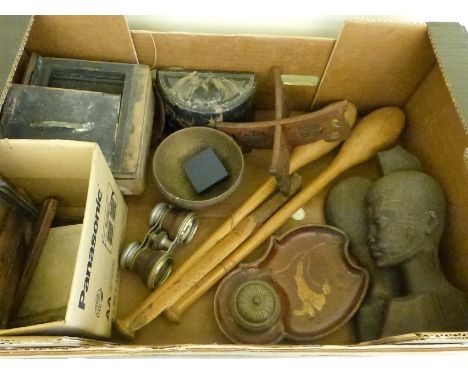 An Art Nouveau inlaid inkwell, early 20thC African rosewood busts, Chinese stand, bakelite revolving desk tidy, juggling stic