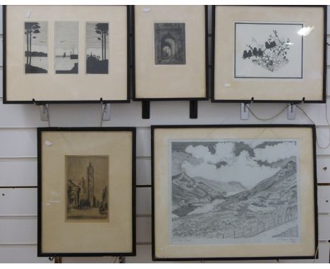 Pencil drawing 'Loch Leven' Argyll K. Warwick Dobson 1934, 34 x 43cm and four other drawings and etchings 