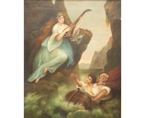 A 19thC oil on canvas of a Siren playing a mandolin to two shipwrecked mariners, 51cm x 42cm