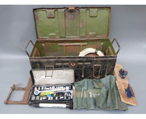 A 1943 metal tool / ammunition box containing largely engineer's / motorcycle / cycle related tools to include a side valve e