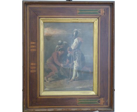 A 19thC/20thC watercolour of two continental soldiers watching two men possibly playing dice, in early 20thC inlaid mahogany 