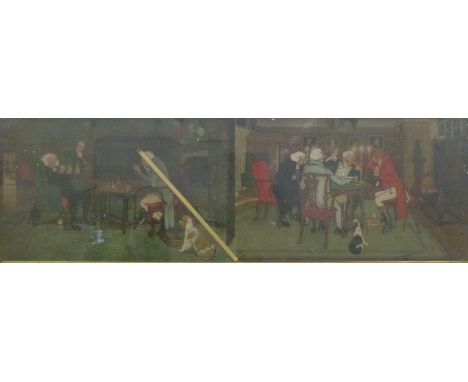 A pair of Cecil Aldin gambling prints mounted in a single frame, overall size 50 x 135cm