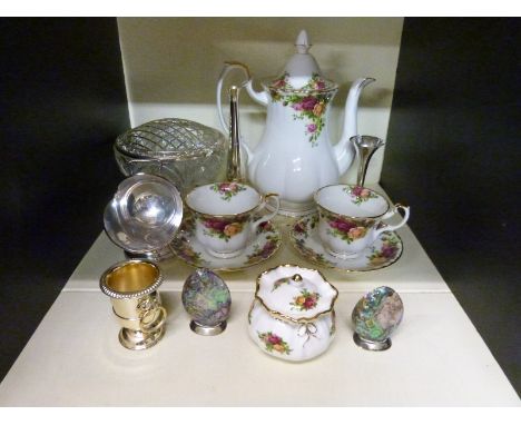 Royal Albert Old Country Roses tea for two set (two cups and saucers, teapot and sugar) together with a silver vase, silver p