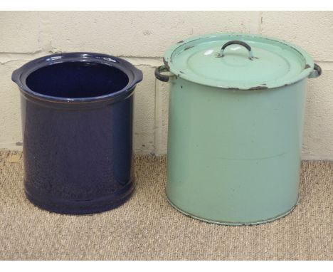 An enamel lidded bread bin and a ceramic example